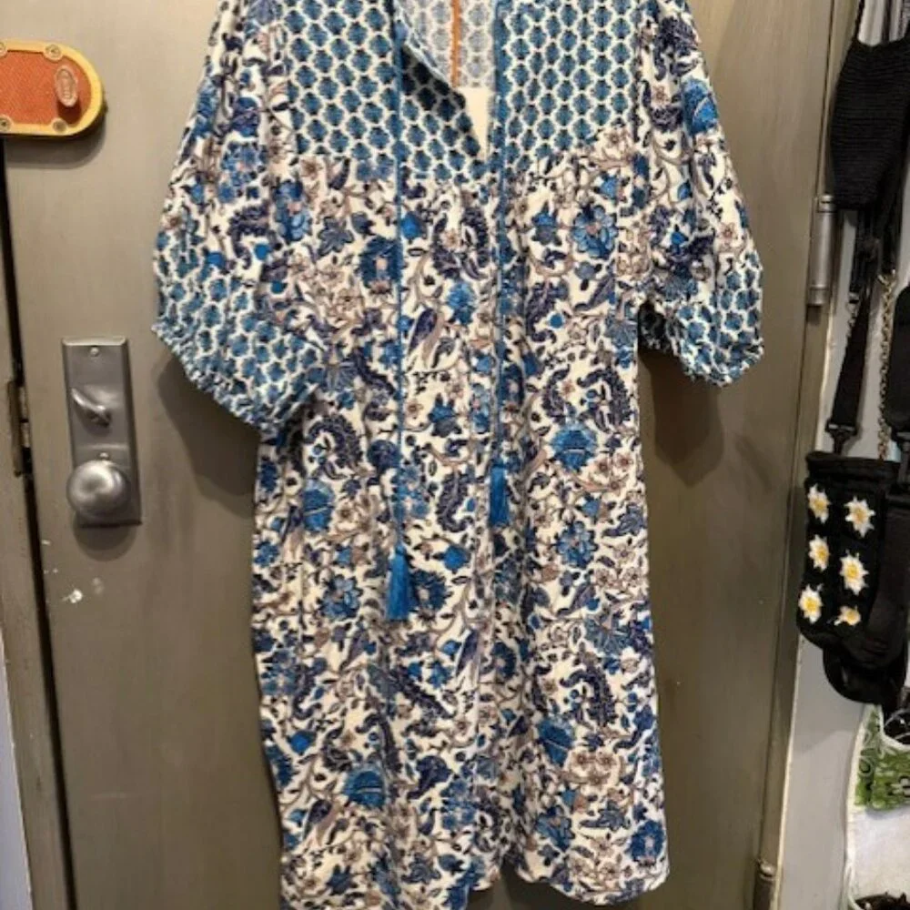 Retro Puff Sleeve Blue Bohemian Floral Tassel Tie Dress - Picture 9 of 16